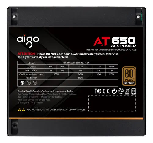 Aigo AT650 Non Modular Power Supply, 80 Plus Bronze Certification, 650W Power, Active PFC, Taiwanese 105° Capacitors, Hydraulic Bearing, 120mm Fan, Black | AT650