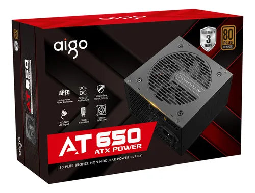 Aigo AT650 Non Modular Power Supply, 80 Plus Bronze Certification, 650W Power, Active PFC, Taiwanese 105° Capacitors, Hydraulic Bearing, 120mm Fan, Black | AT650