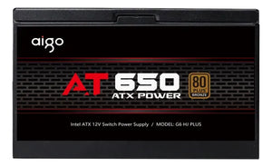 Aigo AT650 Non Modular Power Supply, 80 Plus Bronze Certification, 650W Power, Active PFC, Taiwanese 105° Capacitors, Hydraulic Bearing, 120mm Fan, Black | AT650